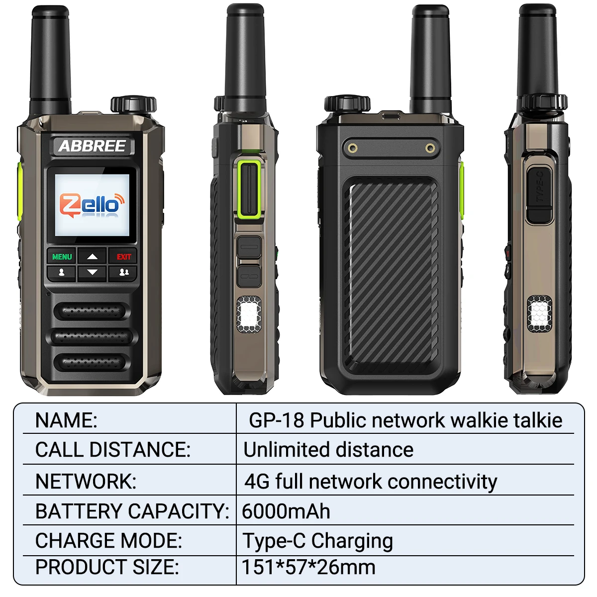 ABBREE GP-18 Zello Netzwerk Walkie Talkie Dual Sim Karte Slots Global POC Android Bluetooth WIFI Entfernung unbegrenzte 2G/3G/4G Radio