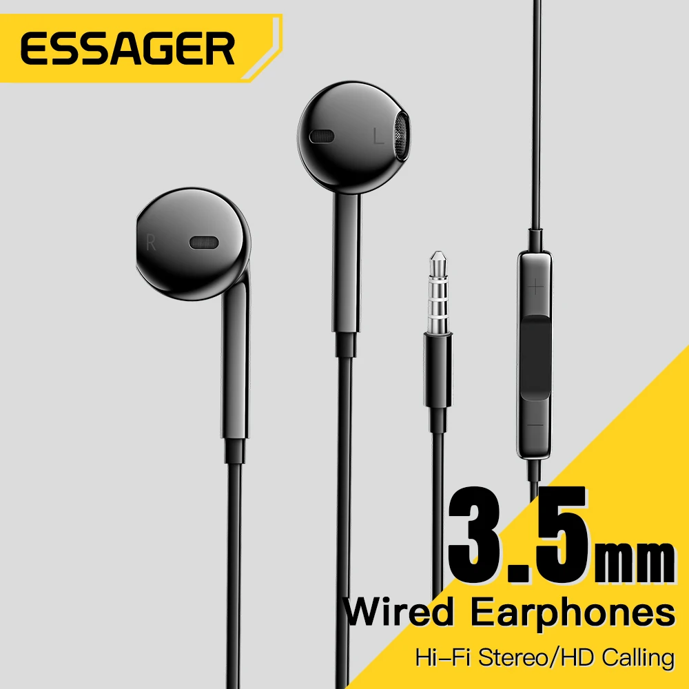 Проводные наушники Essager 3,5 мм, гарнитура-вкладыши, проводные наушники с микрофоном, стереонаушники, спортивное встроенное управление для телефонов