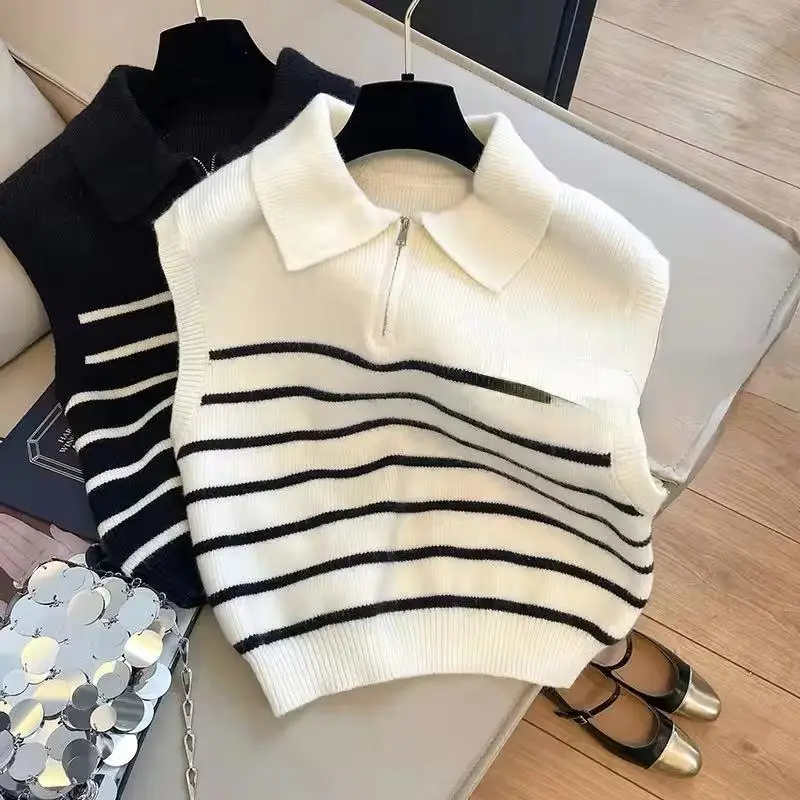 Chaleco de punto a rayas con cremallera de solapa Retro para mujer Otoño Invierno coreano nuevo prendas de vestir exteriores suéter sin mangas chaleco Jersey casual 