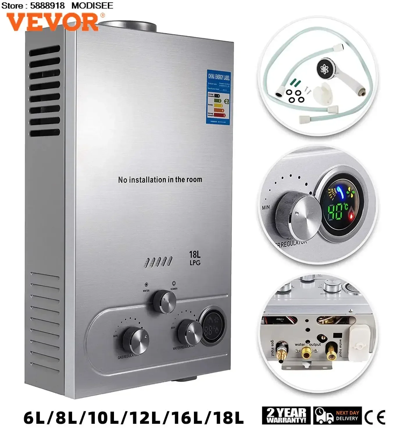 LPG 6L/8L/10L/12L/16L/18L Warmwasserbereiter 36KW Sofortiger Flüssiggas-Warmwasserbereiter Edelstahl-Kessel-Kit tragbar