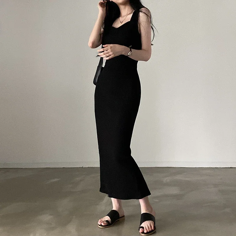 Myufon Basic Strick Langes Kleid Koreanische Mode Quadrat Kragen Ärmellose Damen Kleider Sommer Casual Y2k Vintage All-match Outftis
