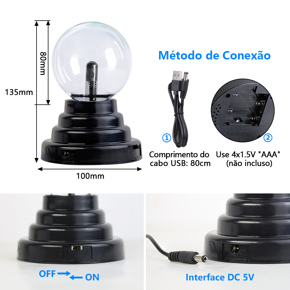 Novidade LED Plasma Ball Nightlight para Crianças, Novidade LED Night Light, Cristal Mágico, USB, 3 em, 5V Bateria, Aniversário e Decoração de Natal