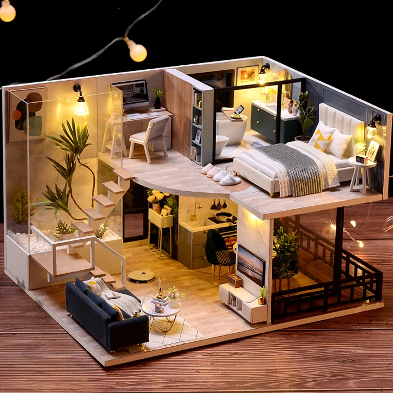 ドールハウスキット 3D 木製ミニドールハウス組み立て建物家具キットおもちゃ子供の誕生日ギフト DIY 手作り 3D ジグ