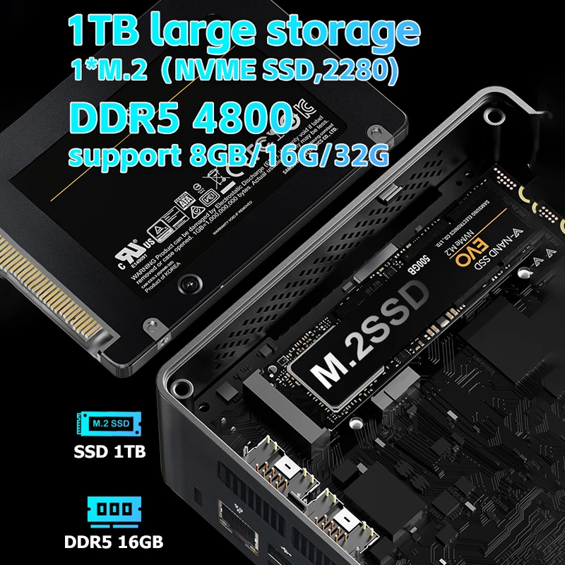 MicroData Mini PC N5A 8 núcleos 12 threads Intel i5 12450H Windows 11 Pro DDR5 4800 Hz, 16G 518 GB/1 TB, 1 * M.2 (NVME SSD, 2280) WIFI5 + BT4.2