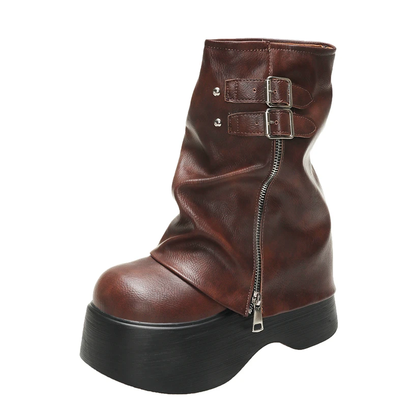 Botines de cuero suave para mujer, botas de media caña, plataforma alta, cuña, botines británicos, botas gruesas para motocicleta, 9CM, invierno, otoño