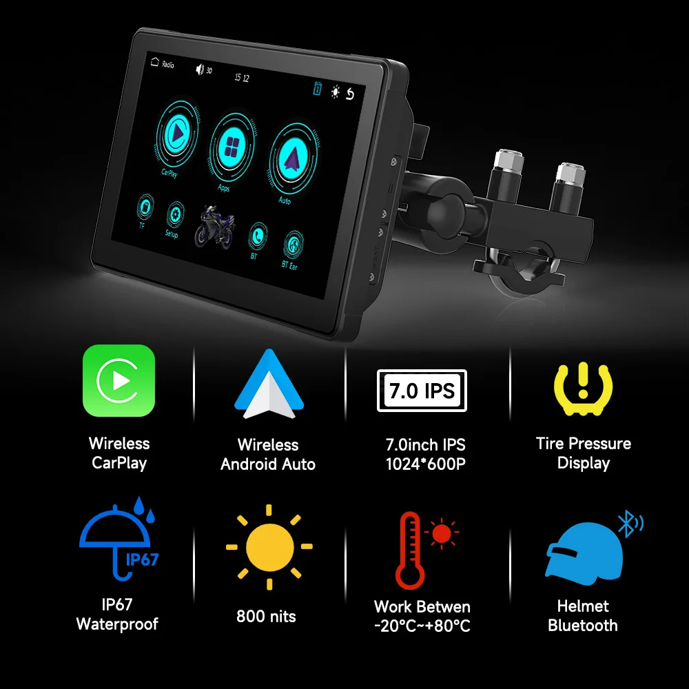 Grabadora de navegación GPS para motocicleta de 7 ", reproductor Multimedia inalámbrico CarPlay Android Auto, pantalla impermeable IP67, Bluetooth, novedad de 2024