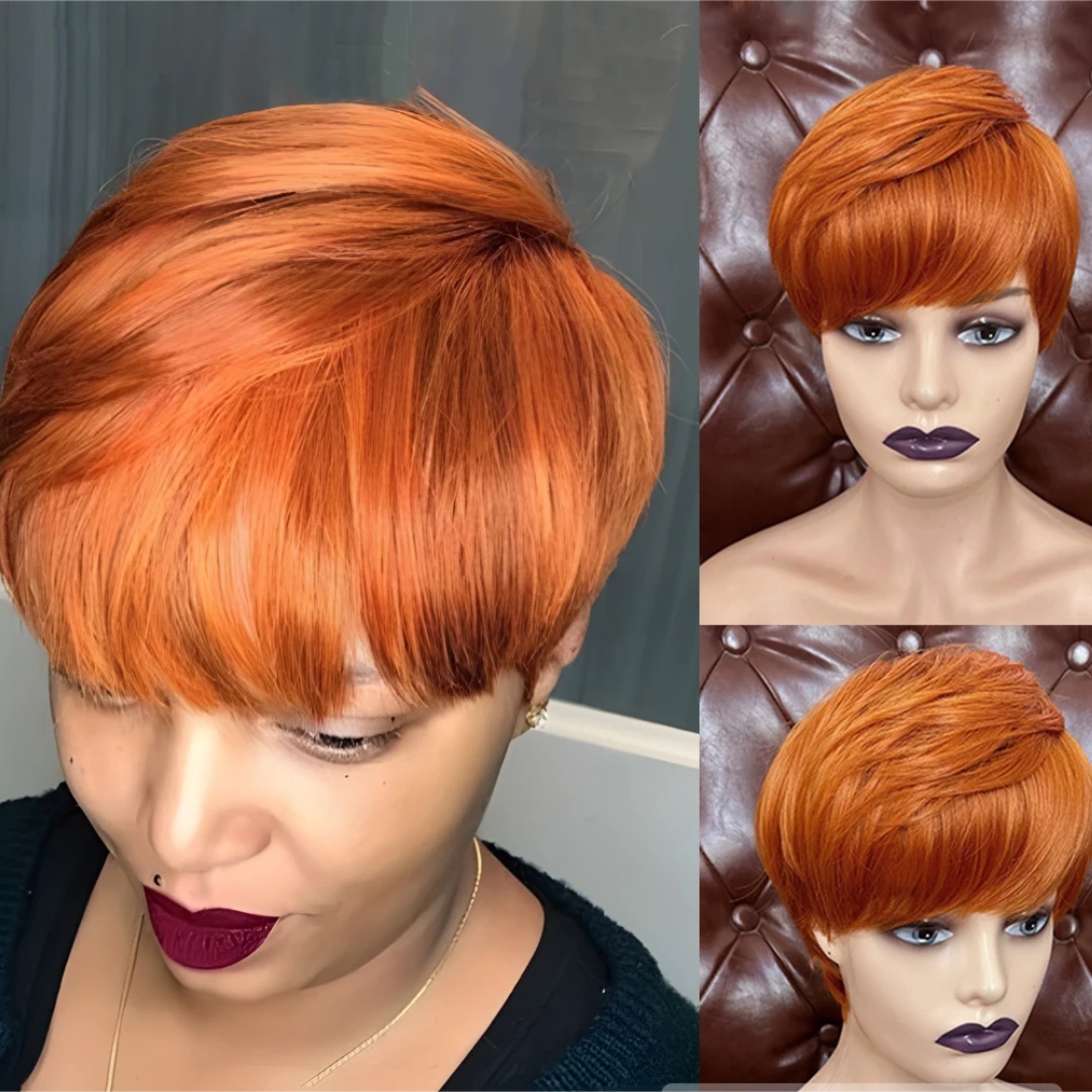 ขิงสีสั้นวิกผมเปรูกับ Bangs สีส้มเต็มรูปแบบสั้น Pixie ตัด Bob วิกผม 100% วิกผมมนุษย์
