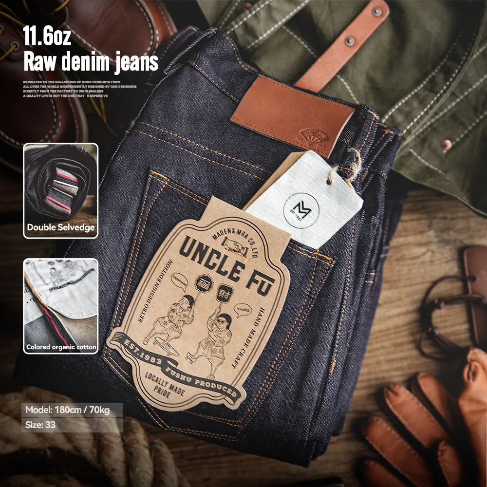 Maden Retro 11,6oz zelfkant ruwe denim jeans taps toelopende regular fit katoenen jeans met rits vliegen hoge kwaliteit veelzijdige herenbroek