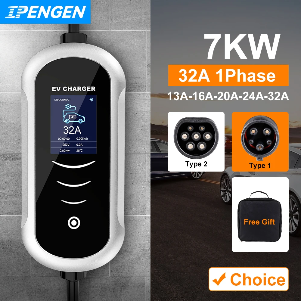 IPENGEN-cargador portátil EV Wallbox Type2, Cable 32A, 7KW, enchufe CEE, EVSE Type1, caja de carga j1772, adaptador para vehículo eléctrico