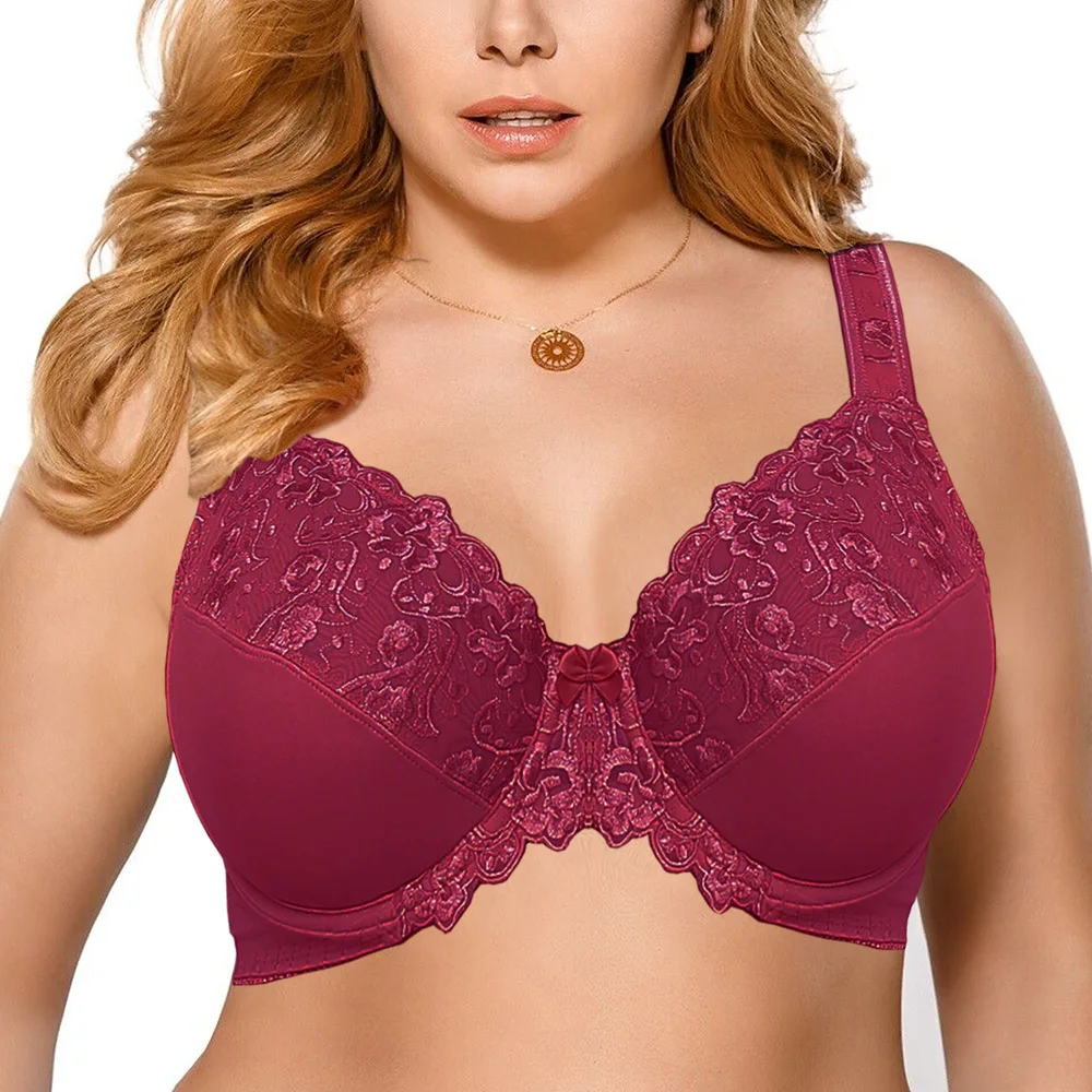 Sujetador de encaje para mujer, sujetadores reductores para mujer, copa completa, sin relleno, con aros, bordado Floral para mujer, sujetador de talla grande C D E F G H