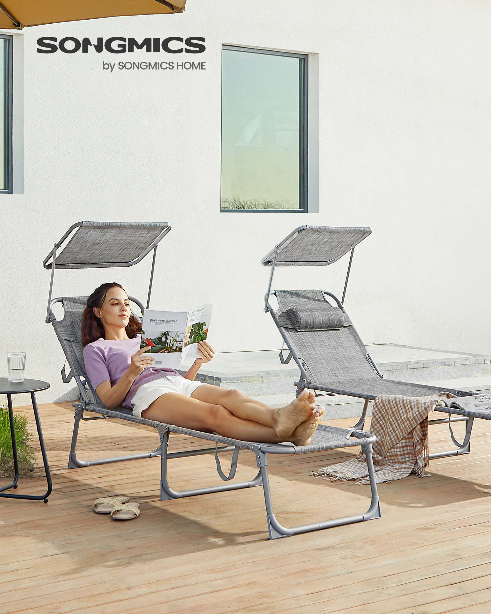 SONGMICS-tumbona plegable con respaldo ajustable, 193x53x29 cm, carga máxima de 150 kg, con sombrilla, reposacabezas