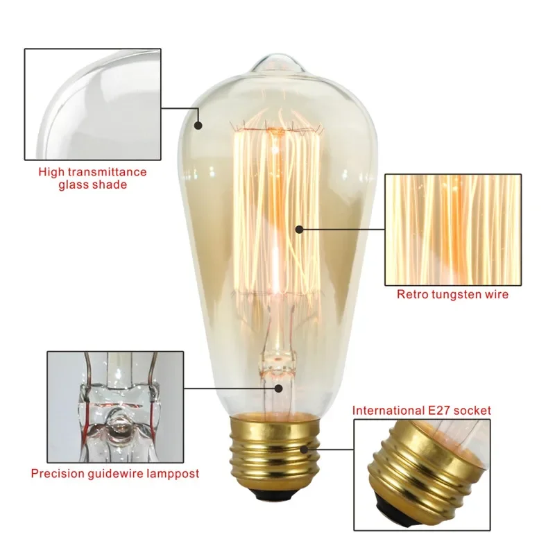 Edison Glühbirne E27 220V 40W ST64 A19 G80 G95 T10 T45 T185 Retro Filament Glühlampulle Birne Vintage Edison Lampen
