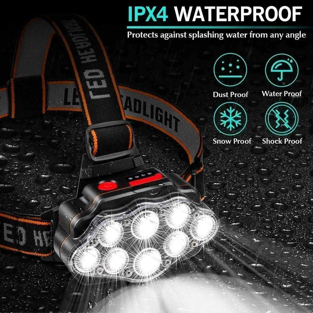 Linterna frontal recargable por USB, lámpara de cabeza brillante de alto Lumen con 8 faros LED, 4 modos IPX4, linterna frontal impermeable