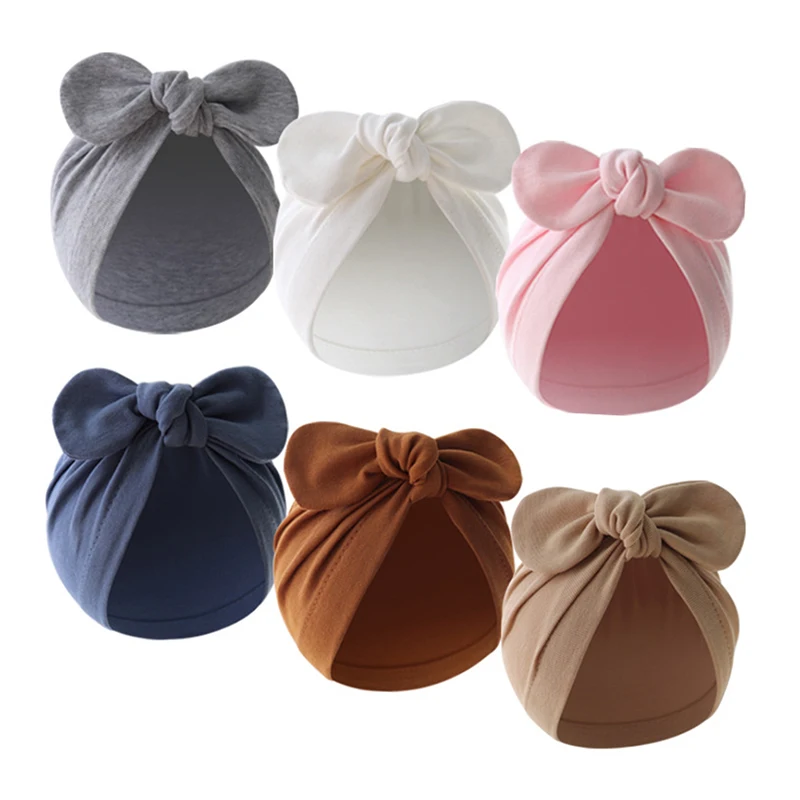 Bonito orelhas de coelho bebê turbante chapéu cor sólida infantil gorro para meninas meninos algodão macio boné indiano criança bonnet headwrap