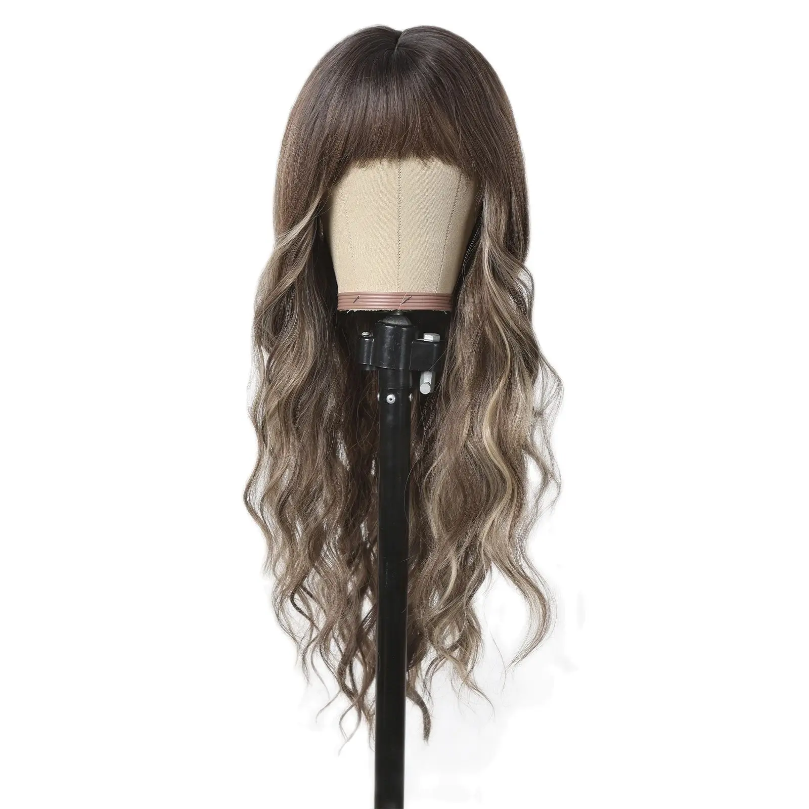 ALAN EATON สีน้ําตาล Highlight Long Wave Wigs สําหรับผู้หญิงวิกผมสังเคราะห์กับ Bangs Ombre ผสมสีธรรมชาติผมสําหรับทุกวัน