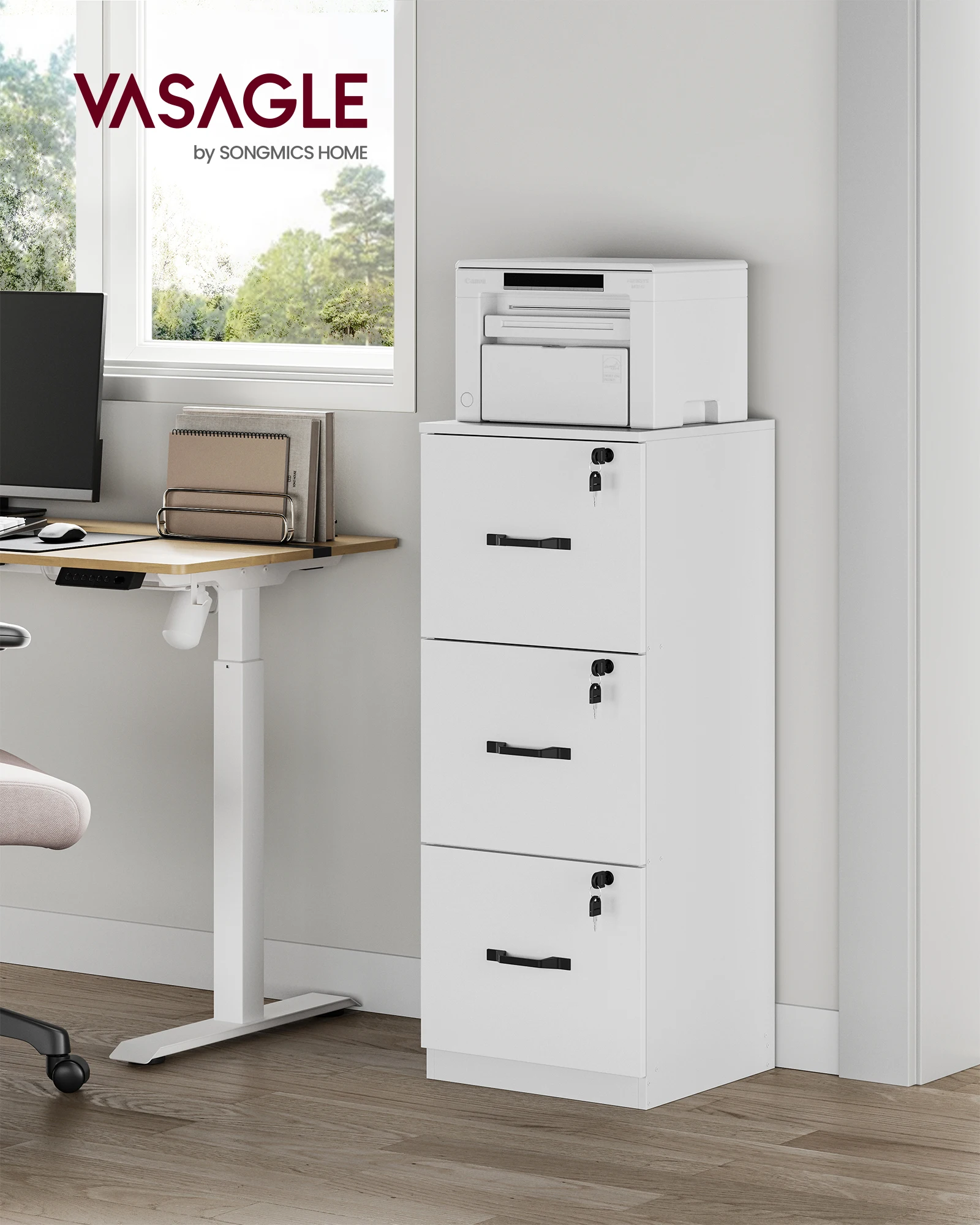 VASAGLE Caisson de Bureau à 3 Tiroirs, Meuble de Rangement de Document, Support d’Imprimante, 3 Tiroirs Verrouillables, Rail de Suspension Réglable, pour Dossiers A4