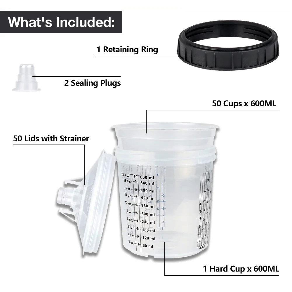50個/セット スプレーガン用塗料混合カップ H/O クイックカップ スプレーガンタンク 160ML/300ML/600ML 使い捨て塗料カップ