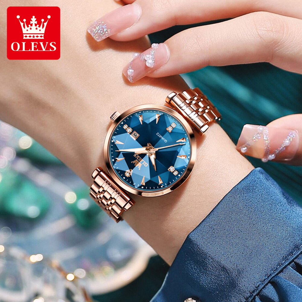 Olevs Dameshorloges Mode Elegante Ruitvormige Spiegel Origineel Quartz Polshorloge Waterdichte Band Datum