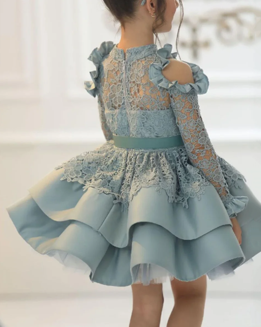 Robe de fille de fleur pour fille de Communion mignonne princesse col haut avec manches d'illusion dentelle Corest jupe moelleuse robe de bal partie formelle