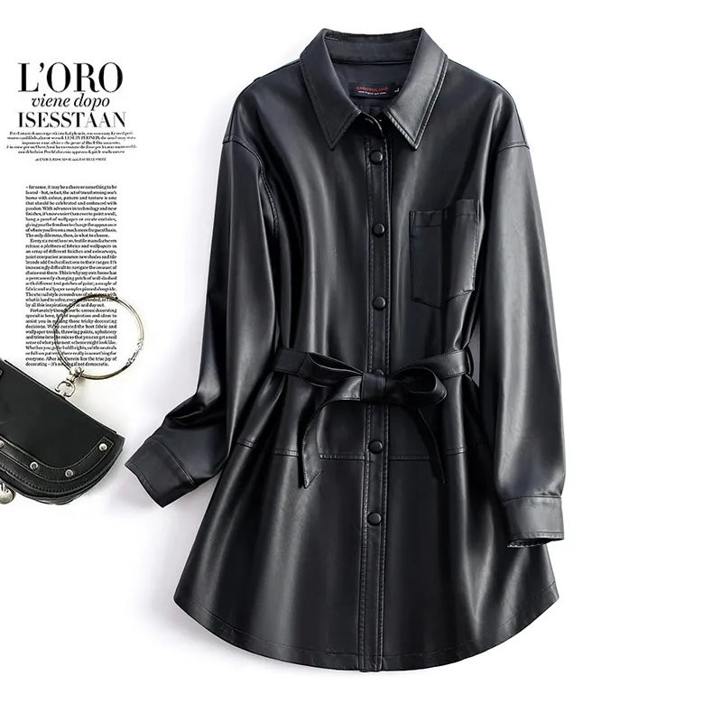 女性用ベルト付きシープスキンミドル丈コート,本物のスプリットシープレザー,シングルブレスト,カジュアルアウター,新しい秋のコレクション2022