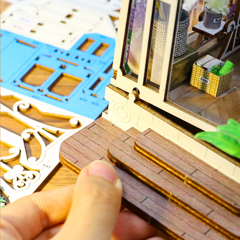 DIY ガーデンハウスブックコーナー棚インサートミニチュア構築キット木製フラワーガーデンルーム本棚 LED ライト付きドールハウス