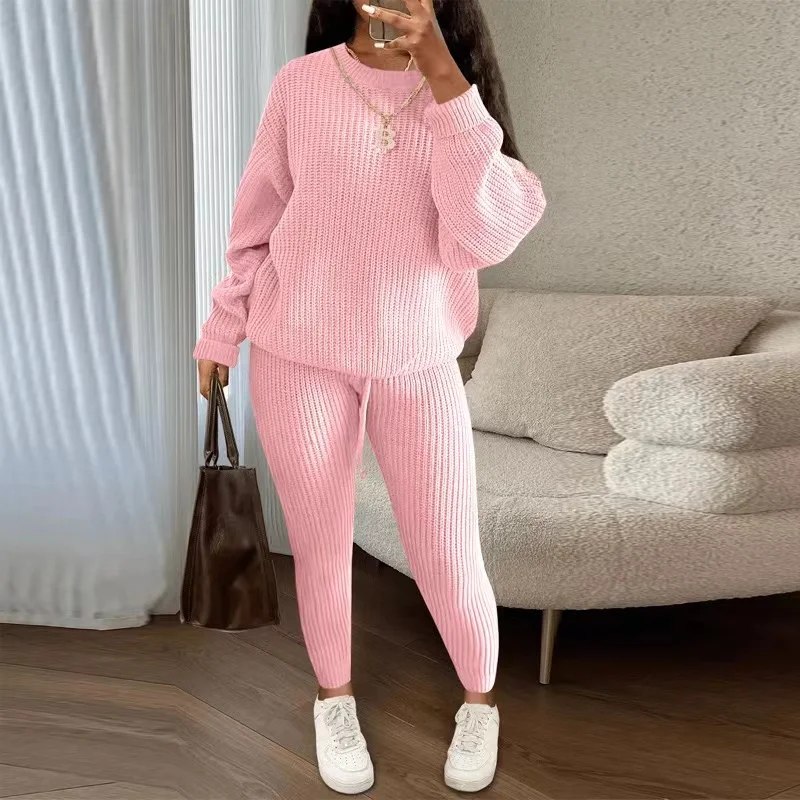 2024 冬のツーピースセット女性服秋のファッションカジュアル固体ラウンドネックプルオーバールーズピットニットセーターパンツスーツ