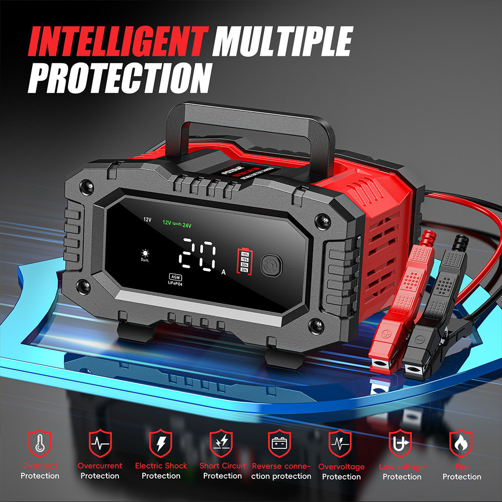 FOXSUR 20A/10A 車オートバイバッテリー充電器 12V/24V スマート充電器リチウム AGM ゲル鉛酸 LiFePO4 バッテリー充電器 1 セット