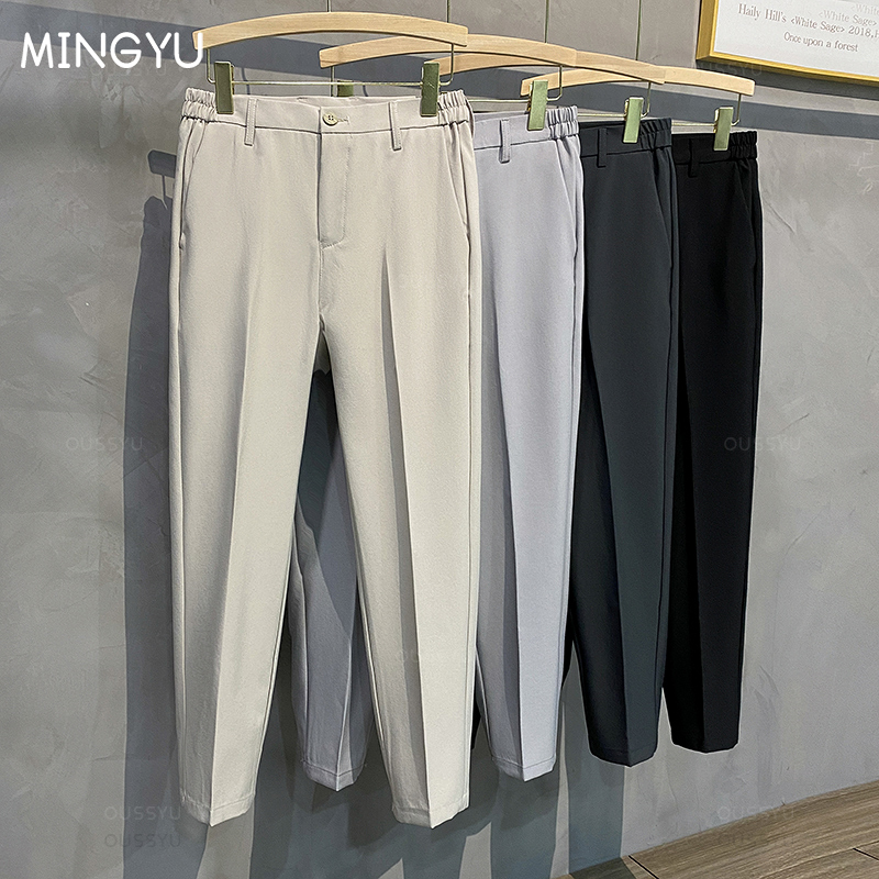 2025 primavera calças casuais masculinas terno calça fino ajuste trabalho cintura elástica jogging calças de negócios masculino preto plus size 40 42