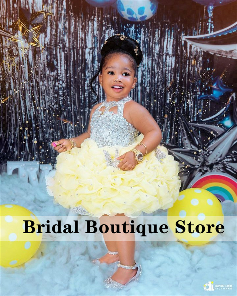 Robe de Princesse Jaune avec Diamants Pailletés pour Enfant, PoinTenue de Concours à Fleurs, avec Perles, pour Anniversaire, pour Fille
