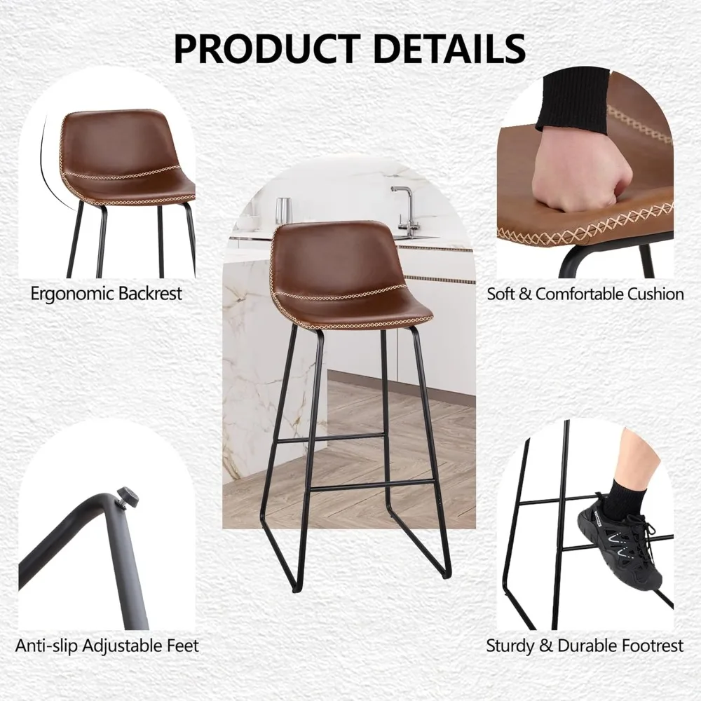 3-Piece 26 Inch Brown Faux Leather Bar Stools with Backrest – Ideal for Kitchen Island & Counter