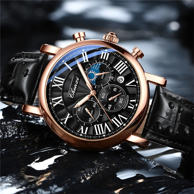 CHENXI 973 Multi-Function Business Moon Phase วันที่กันน้ําโรม Analog นําเข้าผู้ชายนาฬิกาข้อมือควอตซ์นาฬิกาหนัง