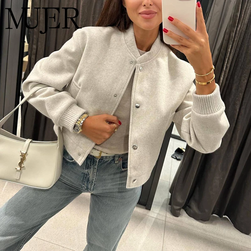 Muyer 2025 jaqueta feminina recortada bombardeiro jaquetas para mulher bege preto tweed jaqueta mulher moda manga longa novo em casacos curtos
