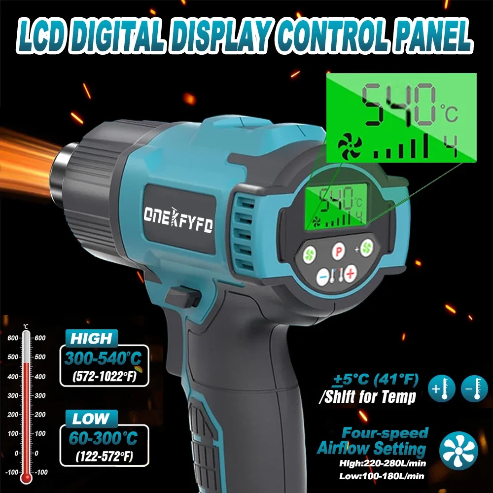Cordless Heat Gun 540℃ Temperature Adjustment LED Display 4 Gear Wind Speed Handheld Electric Hot Air Gun for Makita 18V Battery