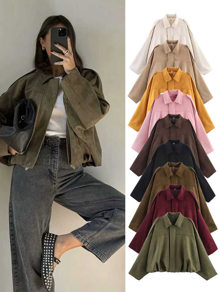 TFMLN, chaqueta Bomber de gamuza para mujer, nueva moda de primavera, abrigo Bomber liso de gran tamaño con cremallera de manga larga, ropa de calle elegante para mujer 2025