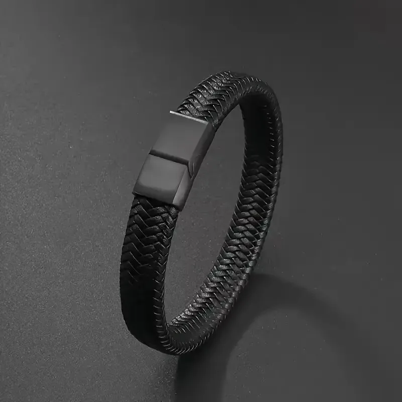Bracciale aperto in pelle da uomo retrò, semplice corda a mano in pelle intrecciata multi-dimensione, regalo per sport all'aria aperta