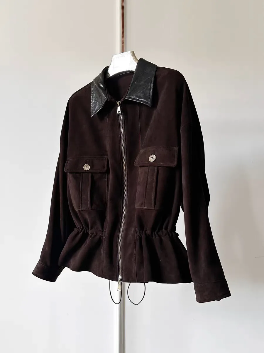 Retro-Jacke aus echtem Wildleder für Damen, Kragentasche, 100 % Schaffell, schmal geschnittener Mantel mit elastischem Kordelzug