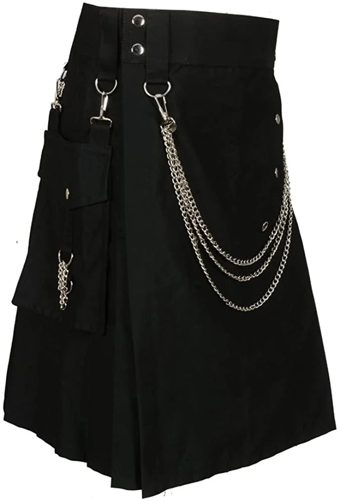 Herrenrock Vintage Kilt Schottland Gothic Punk Mode Kendo Taschenröcke Schottischer schwarzer Fashion Utility Kilt mit silbernen Ketten