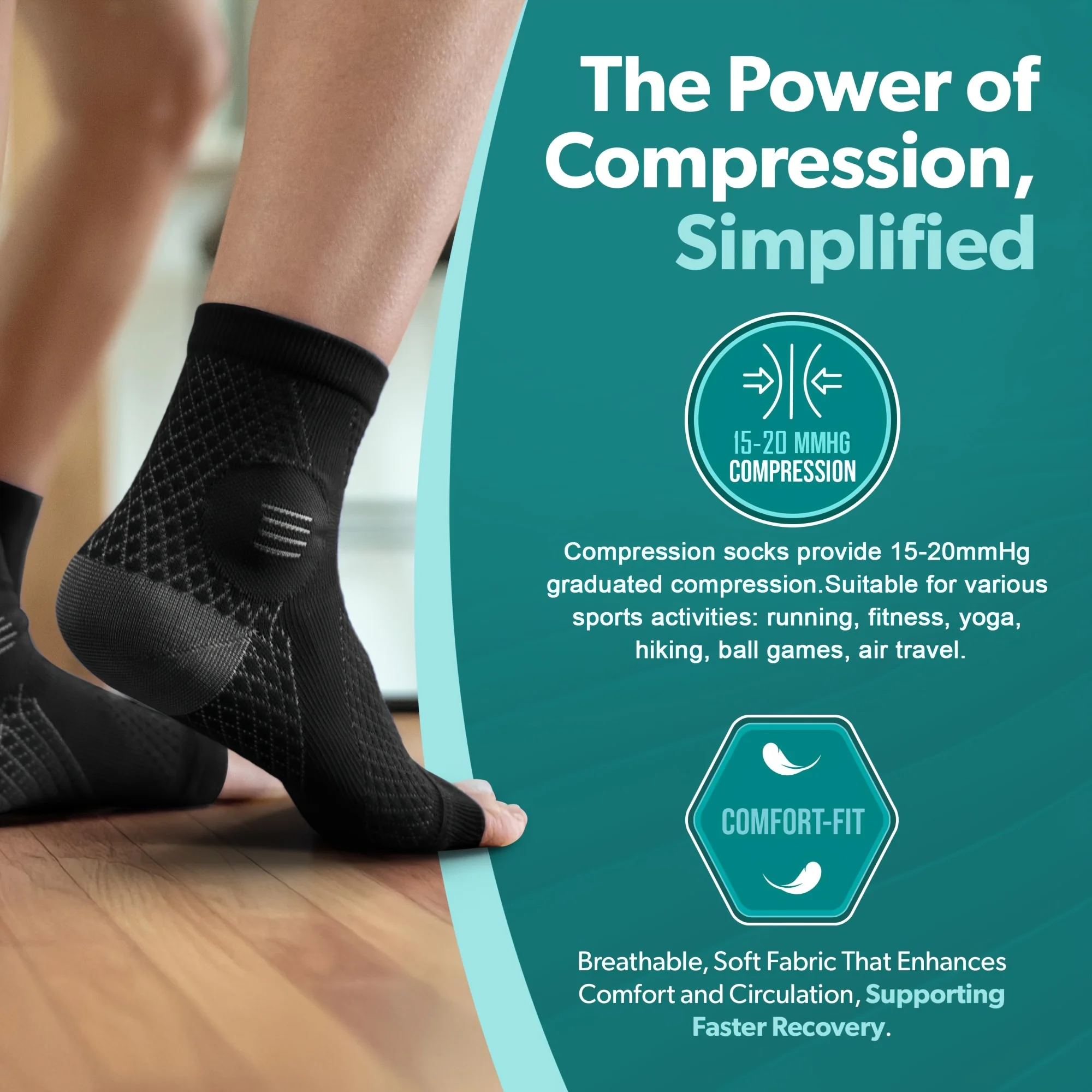 1 par de calcetines de compresión para tobillo, mangas de compresión para pies con soporte para arco y tobillo, calcetines de neuropatía con diseño de punta abierta