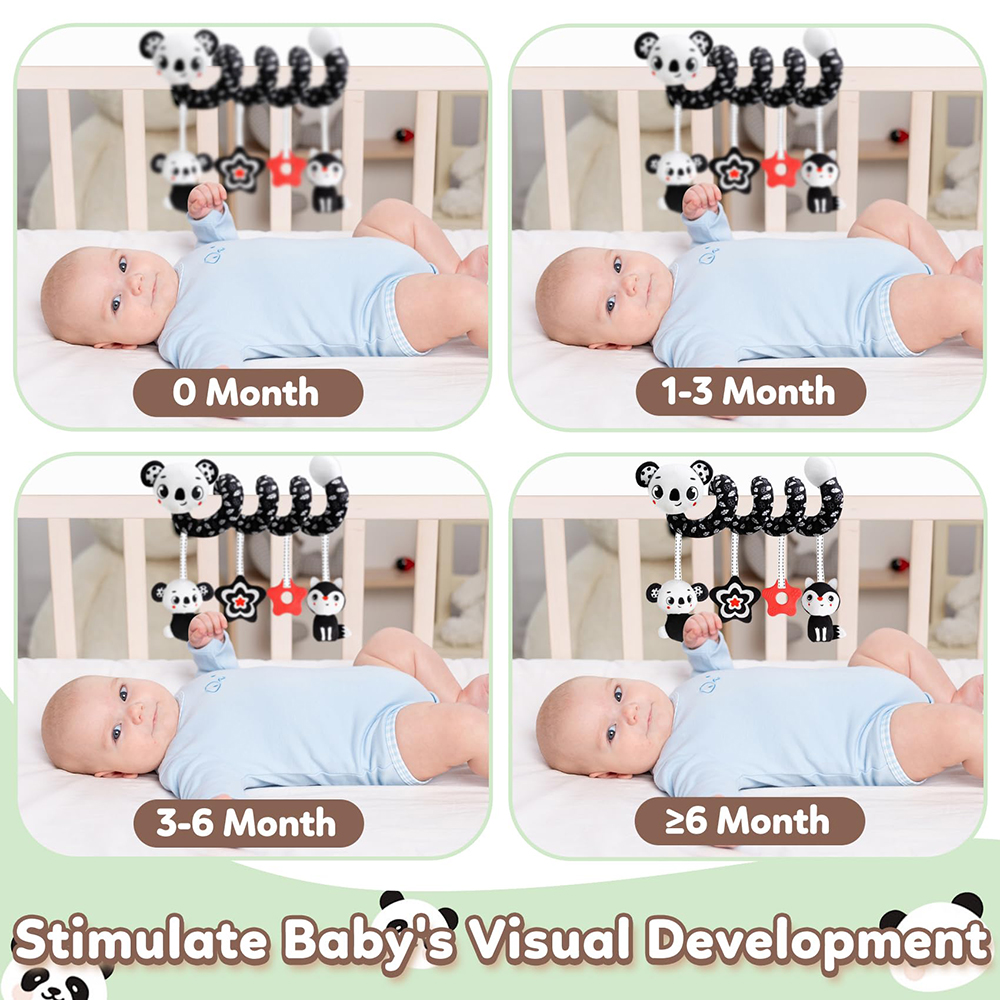 Newborns Spiral Hanging Activity Stroller Toy Baby Carseat Toy Black & White Lion Koala Rattle  for Crib Mobile Sensory Toy Gift
