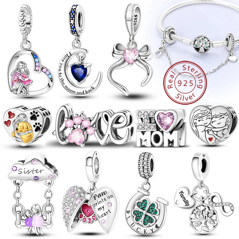Original 925 Sterling Silber Charm Perlen Liebe Herz Familie Charms Anhänger Fit Armband Charme Frauen DIY Schmuck Geschenk