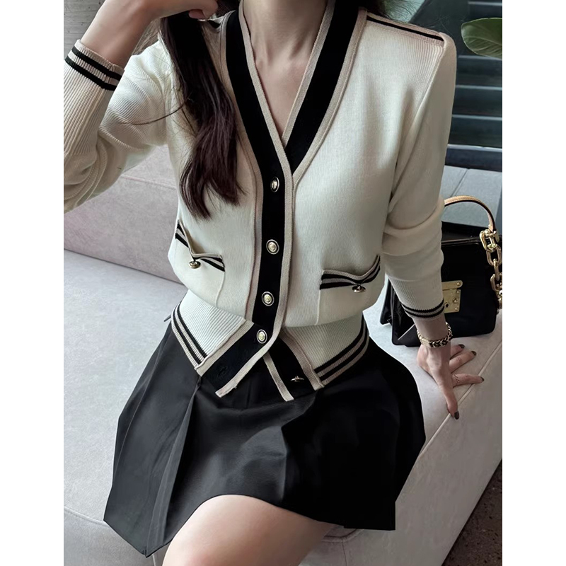 Chic Autumnal Vintage Small Fragrance Sle V-neck Single Button Color Block Versatile Slimming Long Sleeve Knitted Sweater J...