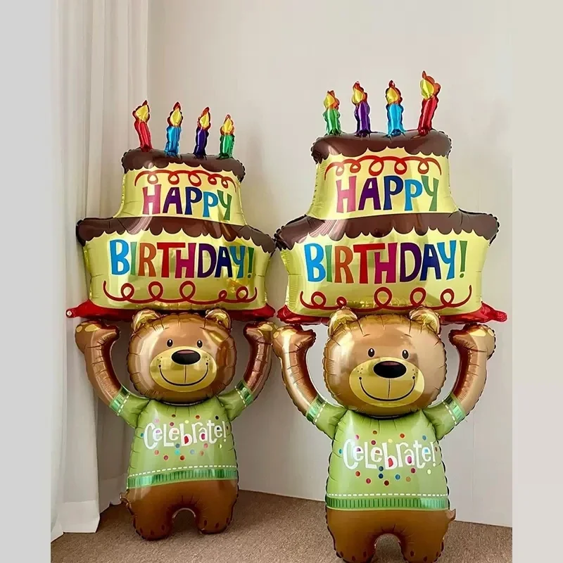 Globos grandes para pastel de 3 capas, globos de papel de aluminio para pastel de oso de dibujos animados de feliz cumpleaños para niños, accesorios de decoración para fiesta de cumpleaños, juguetes de globos