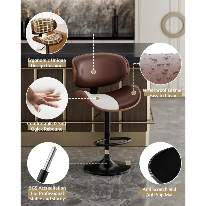 Bar Stools Set of 2, Adjustable Swivel Leather Bar Stools for Kitchen Island, Mid Century Modern Counter Height Bar Chairs
