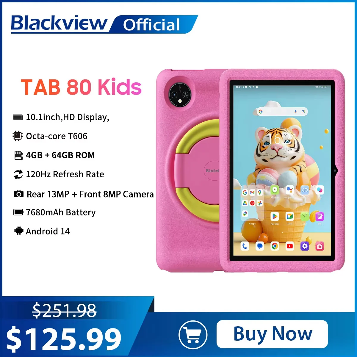 Blackview Tab 80 Kinder-Tablet, 10,1-Zoll-HD-Display, 4G-WLAN-Tablets, 4 GB + 64 GB Octa-Core-T606, 7680 mAh Android 14 für die Bildung von Kindern