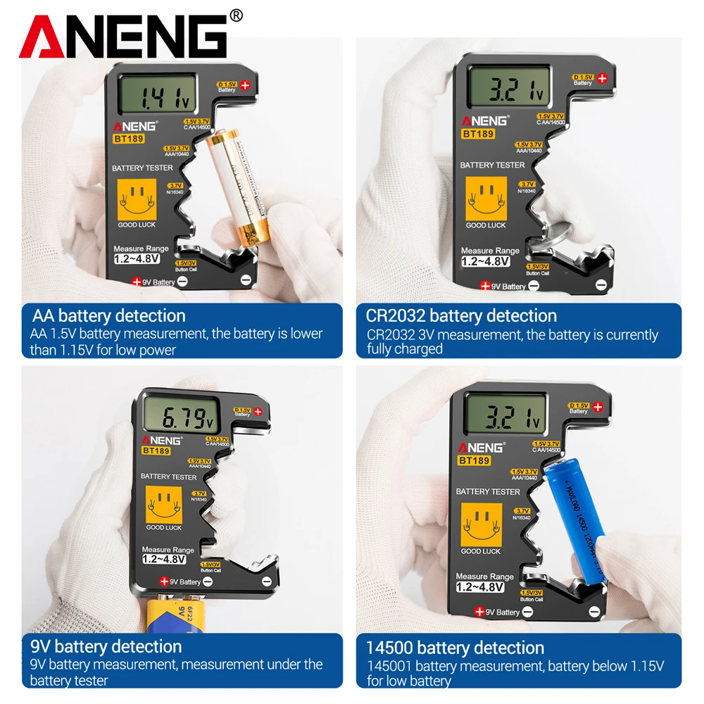 ANENG BT189 ดิจิตอลเครื่องทดสอบแบตเตอรี่ในครัวเรือนจอแสดงผลแบบพกพาทดสอบ 9V AA AAA C D ปุ่มเซลล์ Universal Power Instruments เครื่องมือ