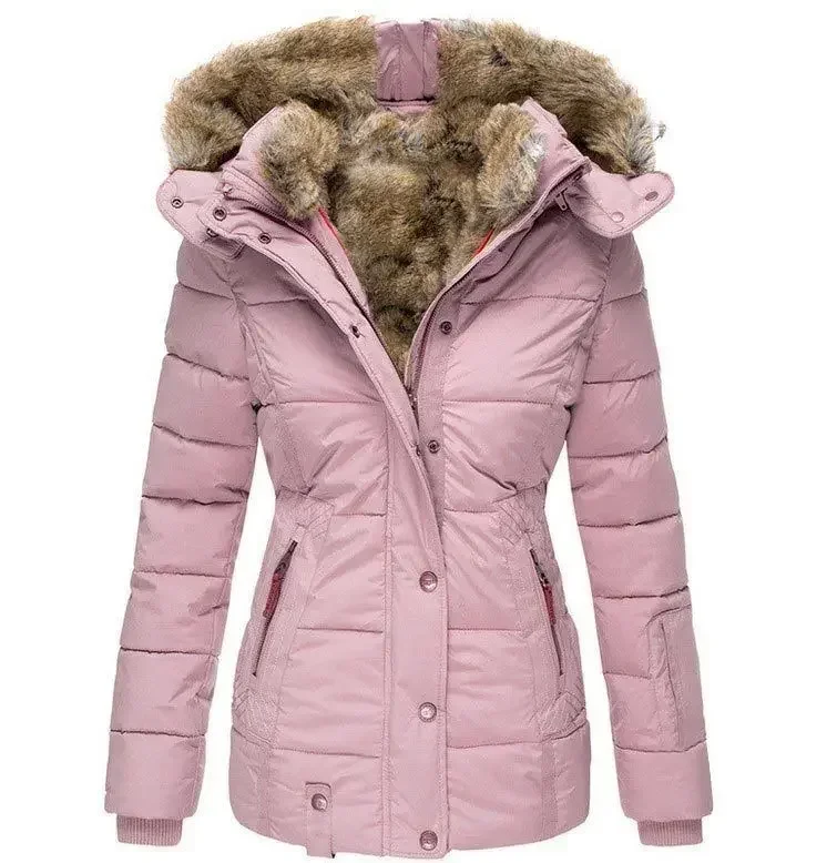 Abrigo de algodón con cuello de lana cálido de invierno Abrigo de algodón con capucha ajustado de manga larga con cremallera para mujer