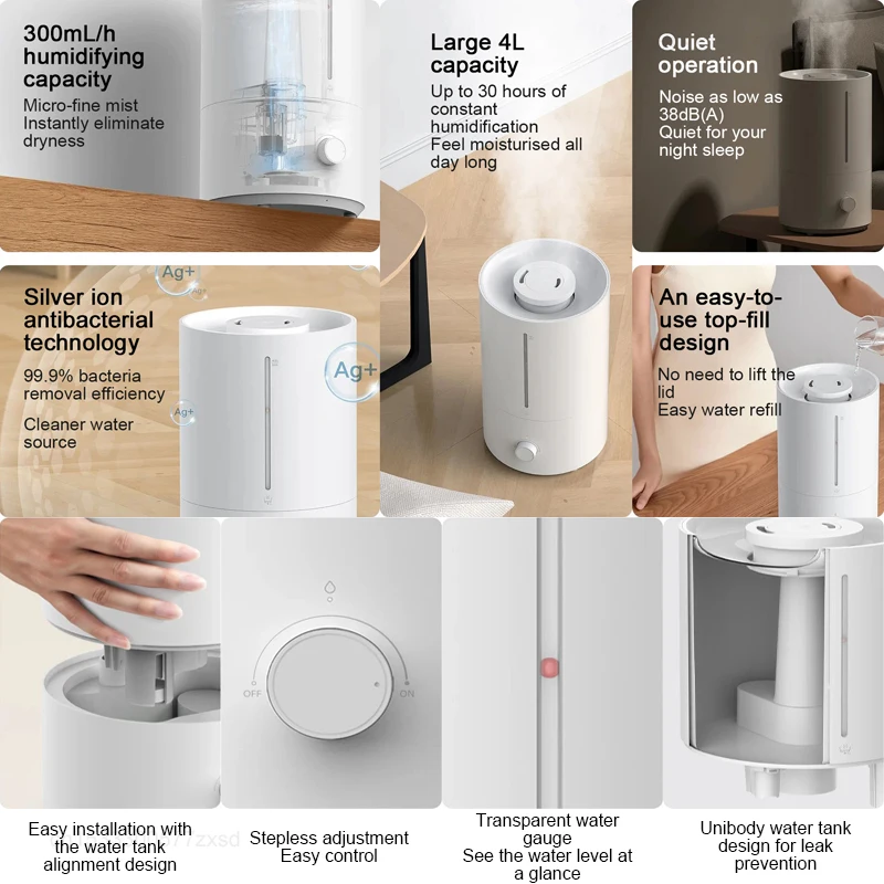 Xiaomi Mijia Humidifier2 4L Mist Maker Diffusore d'aria Umidificatori per aromaterapia Umidificatore antibatterico agli ioni d'argento per la casa