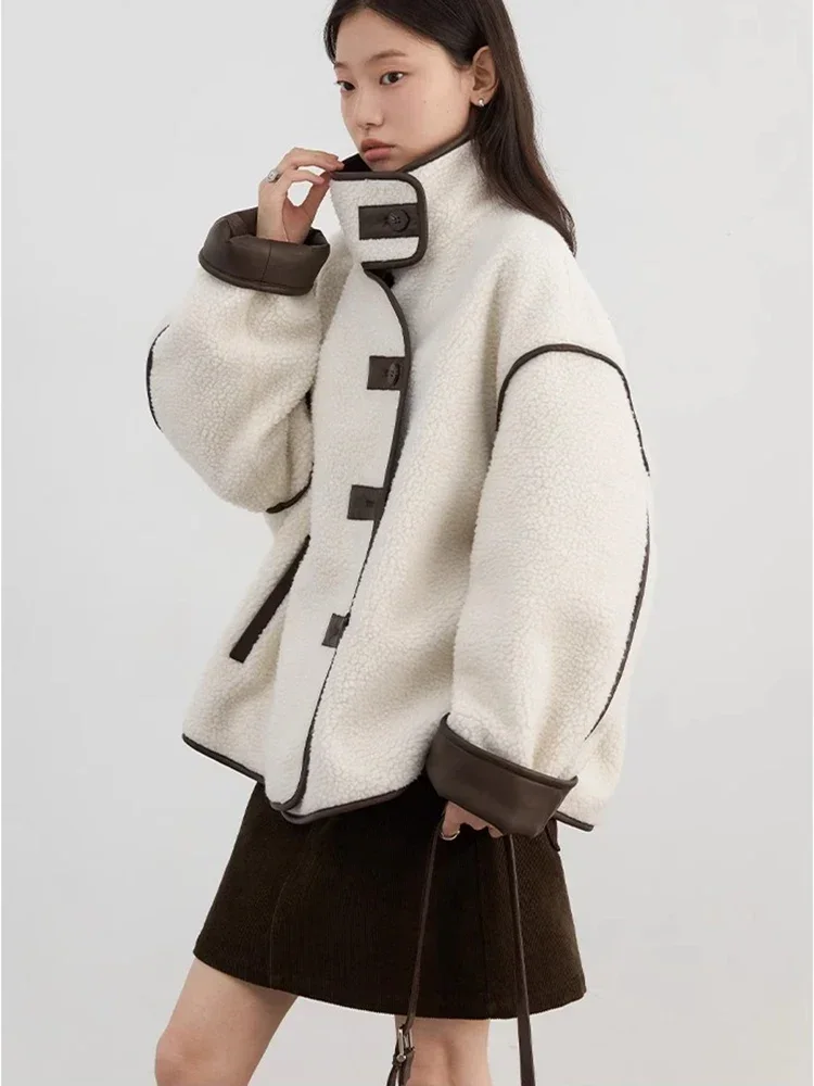 CHIC VEN Frauen Jacken Lose Beiläufige Reversible Nachahmung Lamm Weiblichen Mantel Kontrast Farbe Patchwork Mantel Herbst Winter 2024