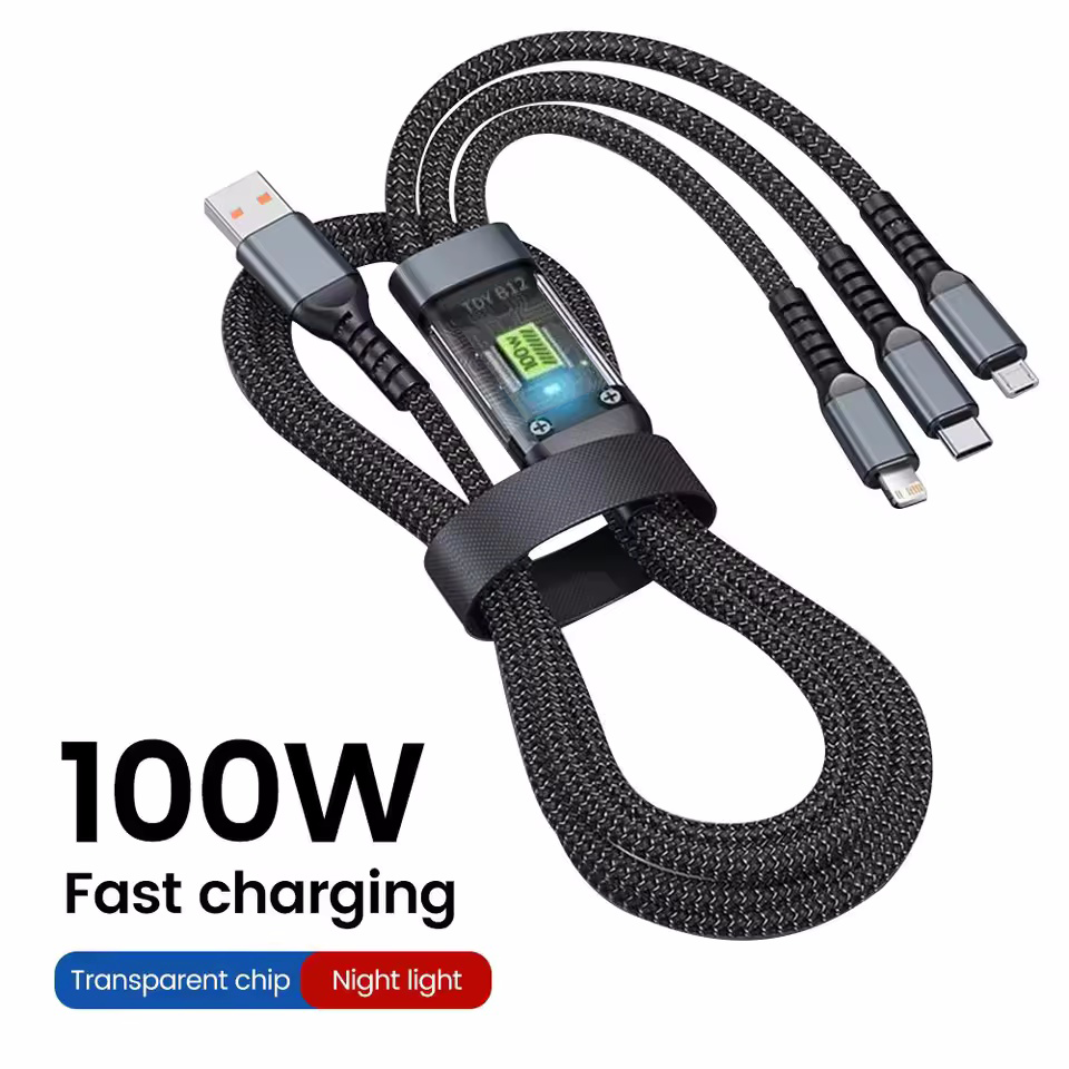 100W 3 In 1 Transparent Pilot Lamp Super Fast Charging Cable 6A Universal with Type C Usb Micro for Samsung Huawei Xiaomi Iphone