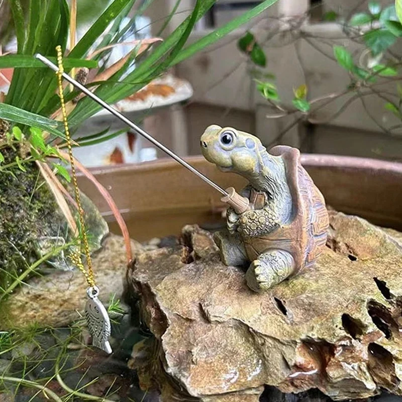 크리 에이 티브 로프 낚시 거북이 동상 귀여운 시뮬레이션 거북이 수지 입상 동물 조각 장식 야외 홈 정원 장식
